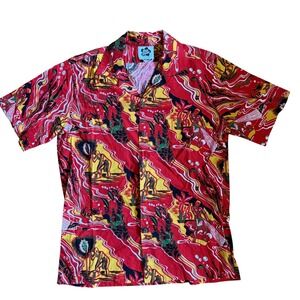 Vintage Hilo Hattie Hawaiian Shirt Mens Large Red Yellow Fishing Print